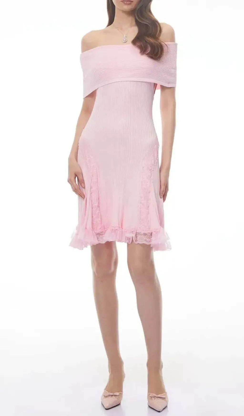 Isabel Pink Off Shoulder Mini Dress With Lace Details Flowering Girl