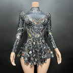 Long Sleeve Embellished Mini Dress In Black Flowering Girl