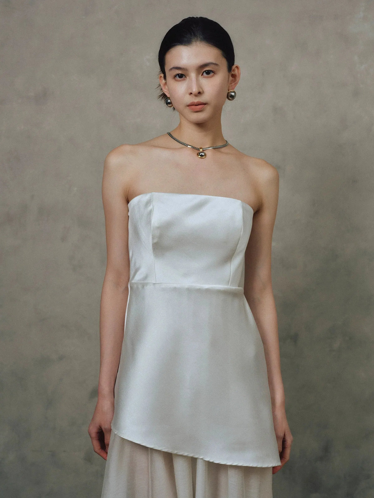 Satin Spliced Tulle Strapless Maxi Dress - White Flowering Girl
