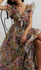 Butterfly Print Ruffle Chiffon Maxi Dress Flowering Girl