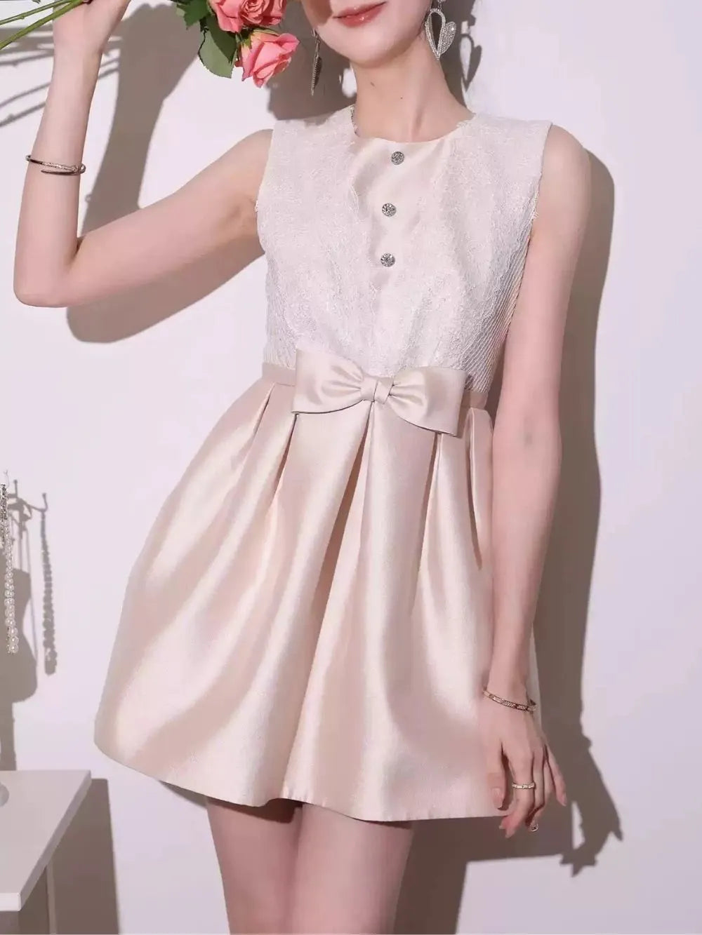 Malha Sleeveless Bow Lace Mini Dress Flowering Girl