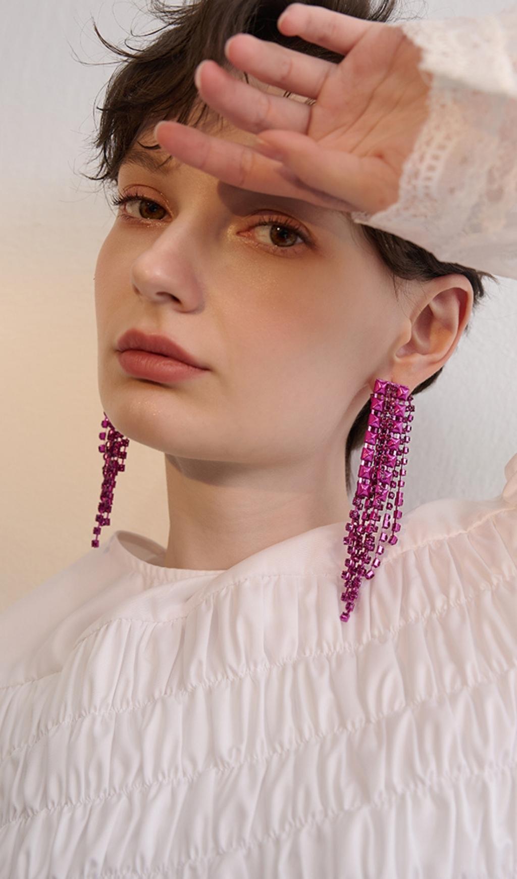 Arnau Dark Violet Rhinestone Tassel Earrings Flowering Girl