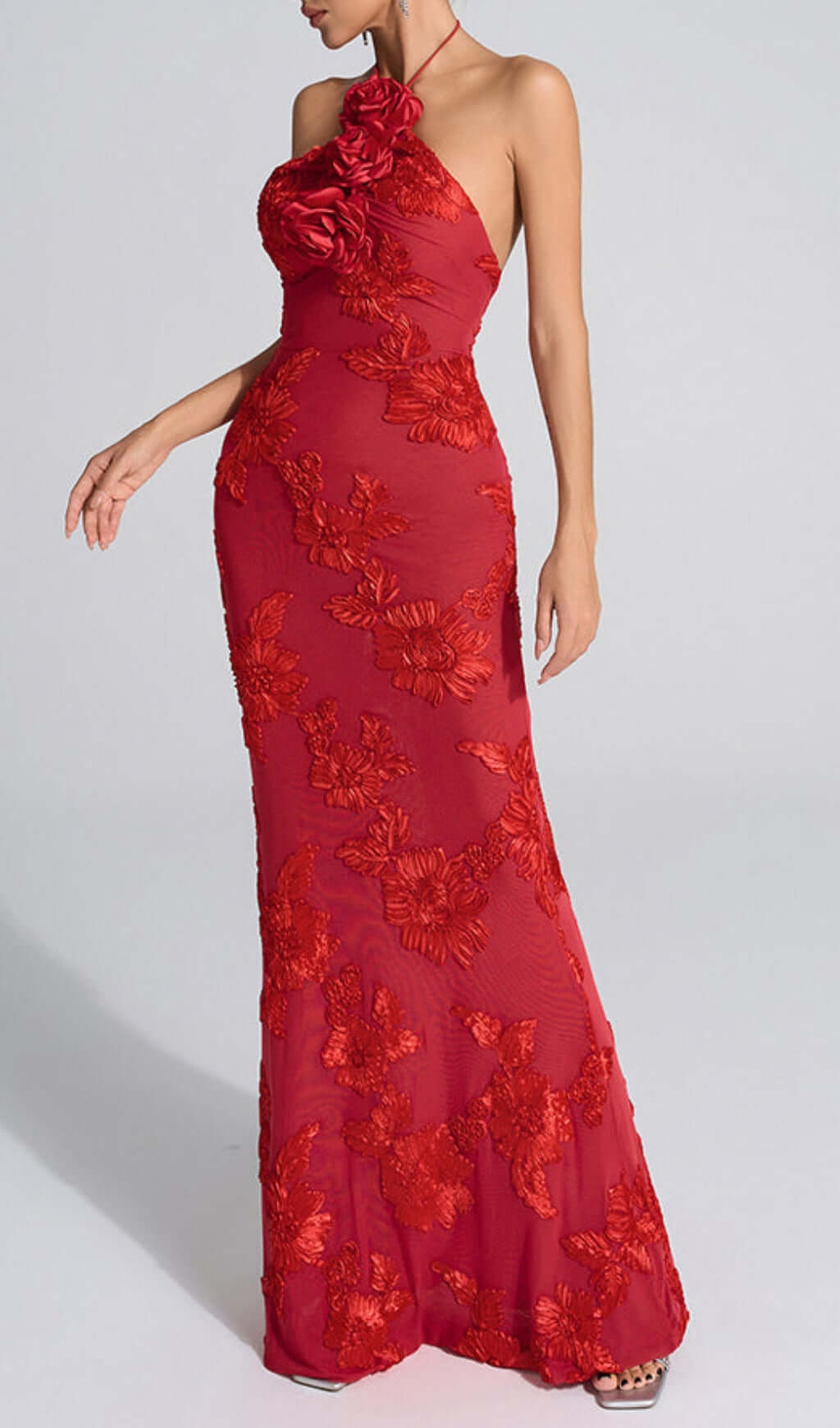 Bambi Red Halter Flower Maxi Dress