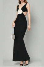 Flower V-Neck Hollow Out Maxi Dress In Black Flowering Girl