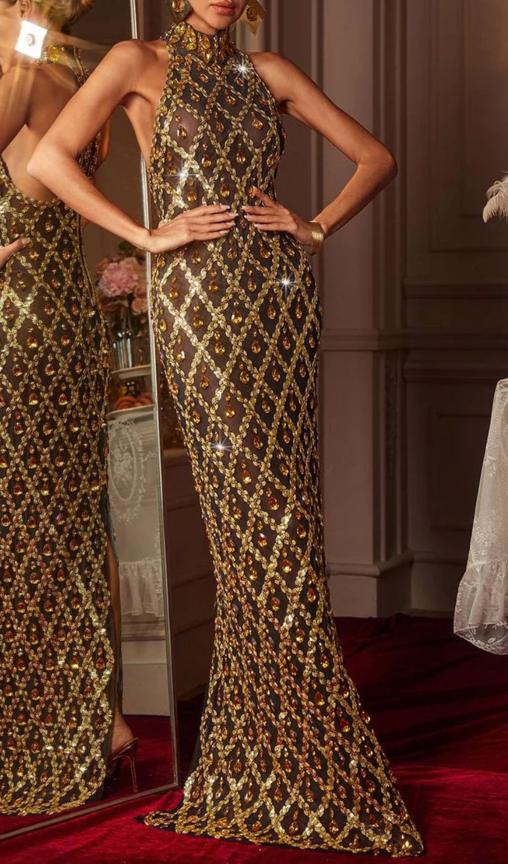 Liora Sequin Crystal Maxi Dress In Gold Flowering Girl