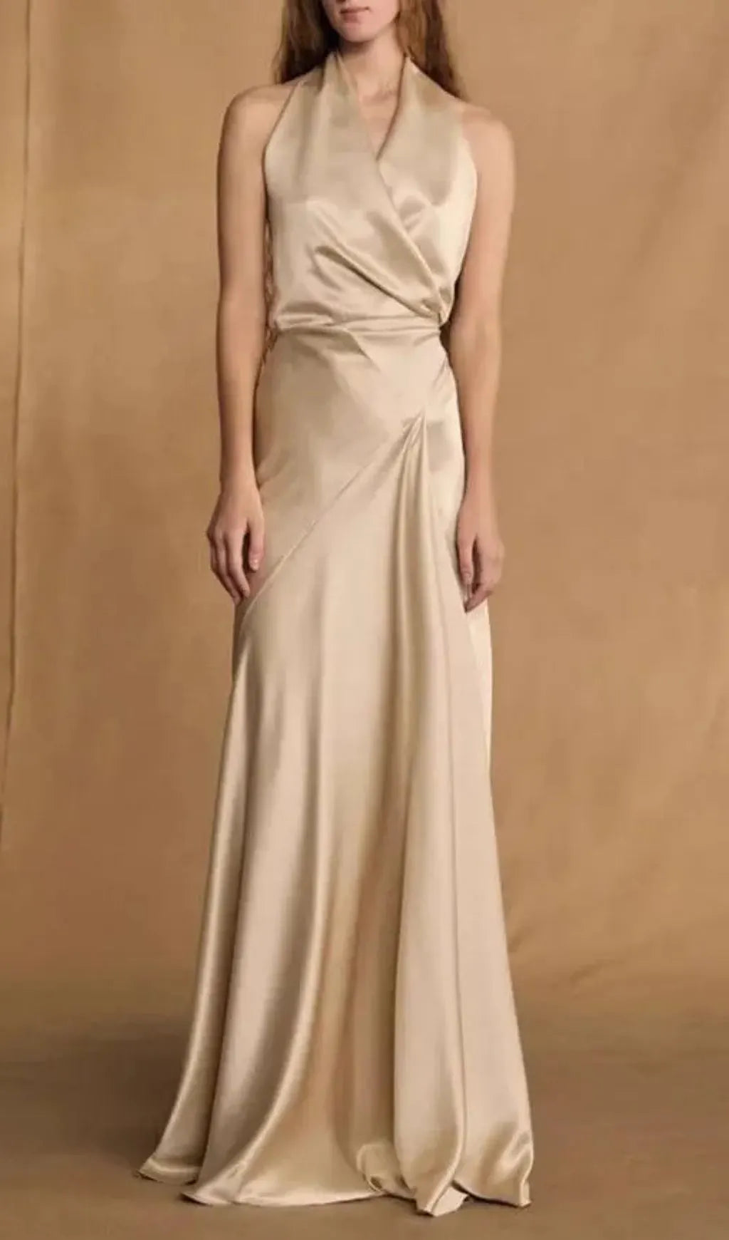 Kay Champagne Crepe Bias-Cut Satin Halter Maxi Dress Flowering Girl
