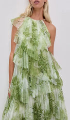 Claire Green Floral Print Pleated Layer Maxi Dress Flowering Girl