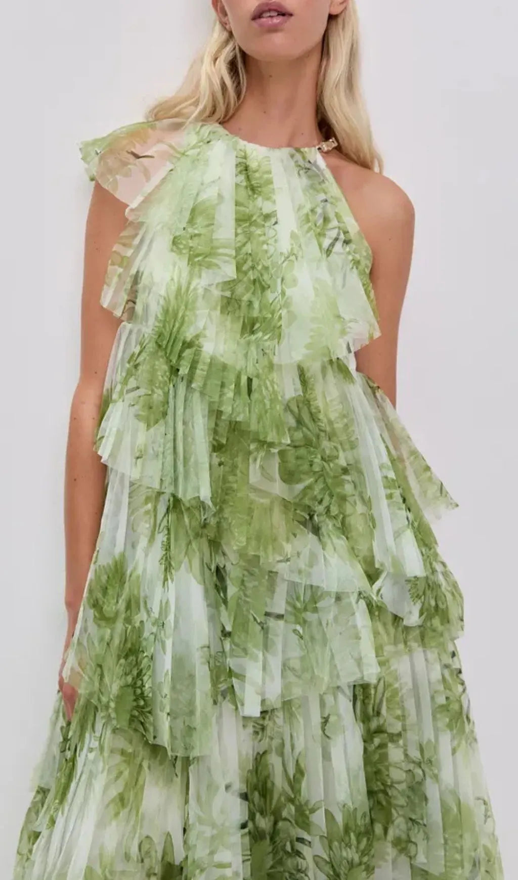 Claire Green Floral Print Pleated Layer Maxi Dress Flowering Girl