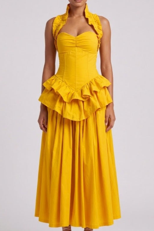 Yellow Ruffled Peplum Midi Dress Flowering Girl