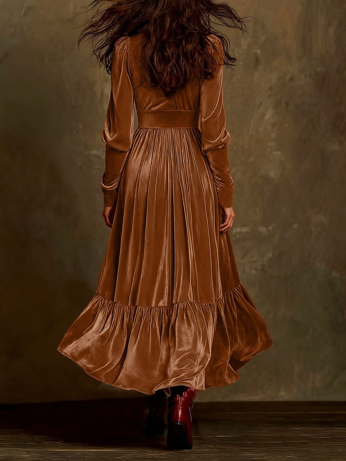 Retro High-End V-Neck Velvet Ruffle Large Swing Dress Flowering Girl