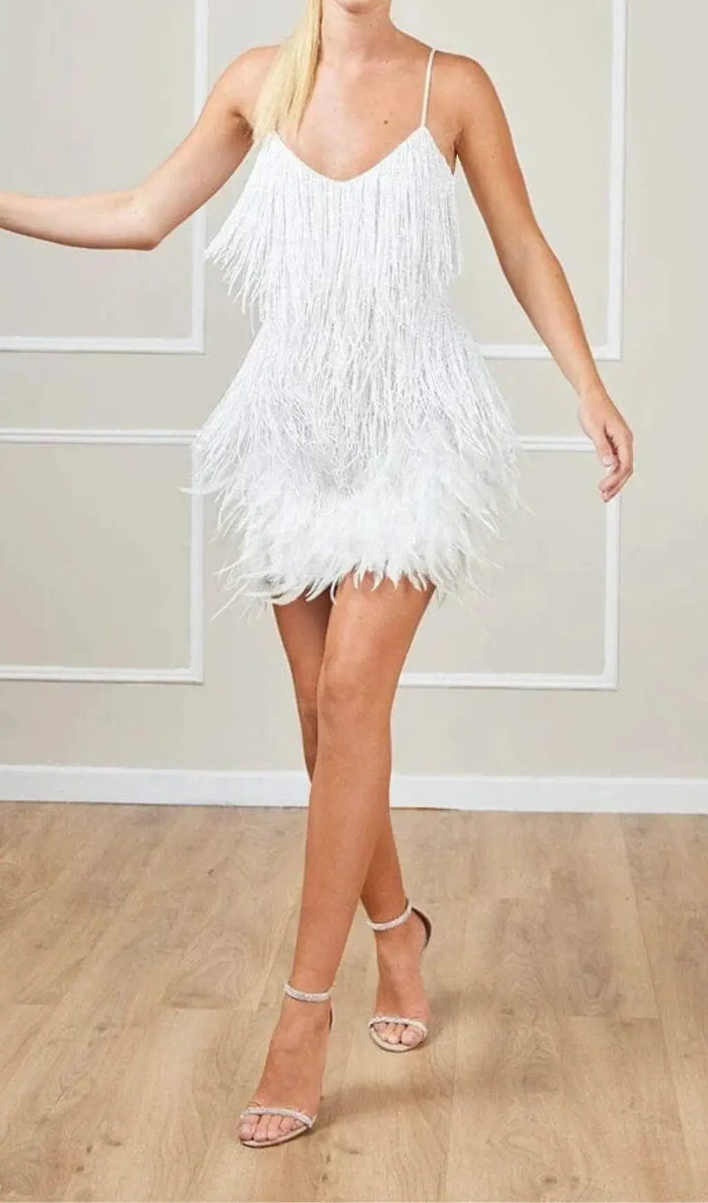 Tassel Feather Mini Dress In White Flowering Girl
