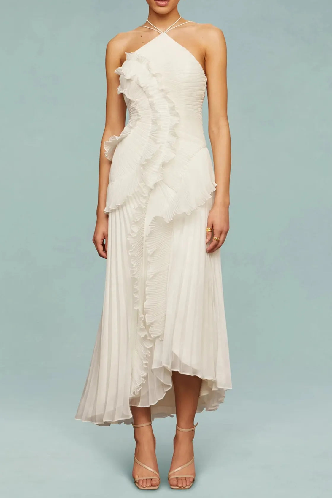 Alva Sleeveless Folds Slit Maxi Dress In Light White Flowering Girl