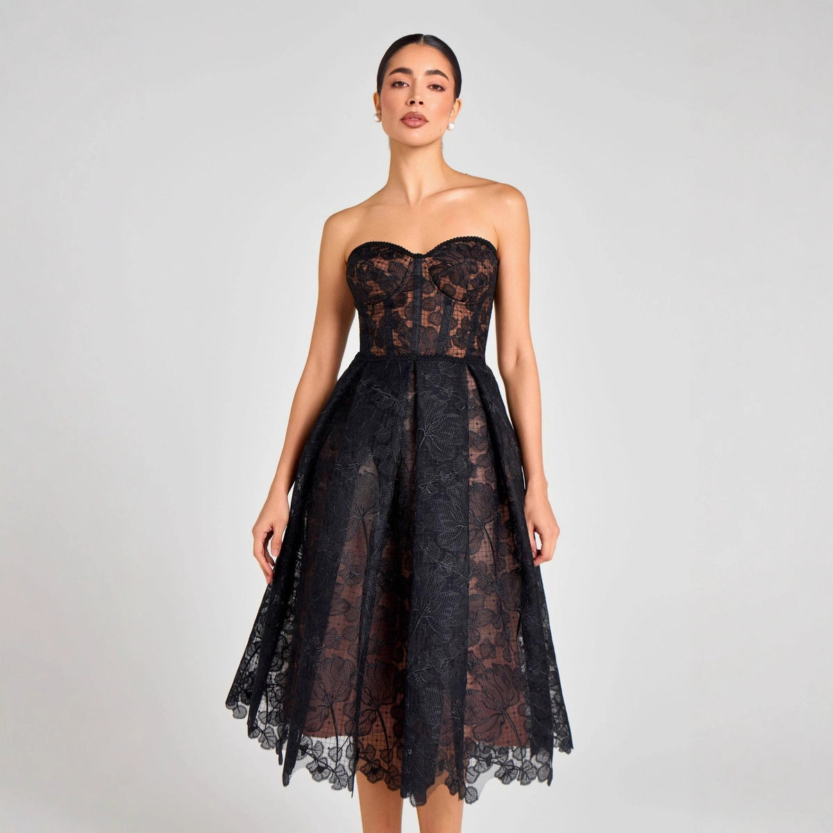 Agnens Black Sexy Strapless Embroidered Lace Midi Dress Flowering Girl