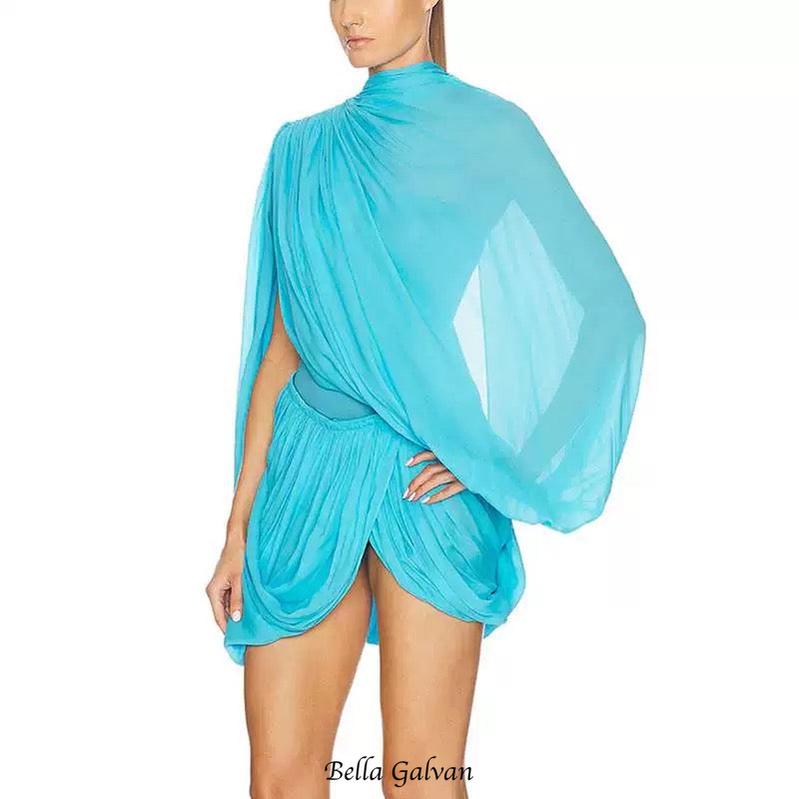 susanna Long Sleeve Fold Splice Mini Dress in blue Flowering Girl