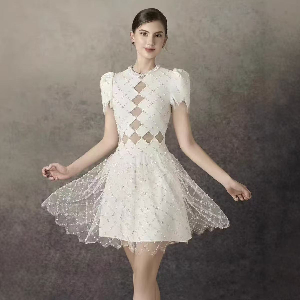 Henrietta Ivory Sequin Mini Dress With Mesh Panels Flowering Girl