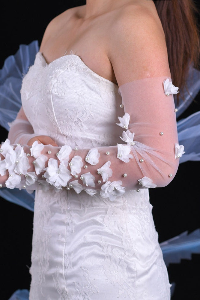 Sheer Tulle Long Detachable Arm Sleeves with 3D Fabric Flowers &amp; Pearl Beads Flowering Girl