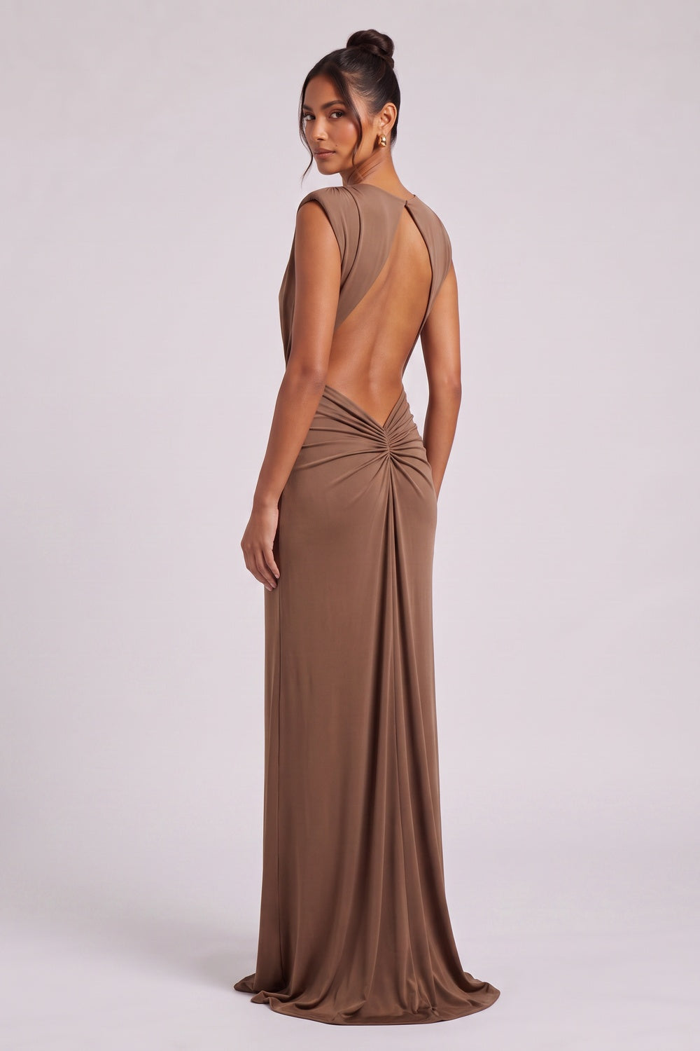 Brown Jersey Column Gown with Twist Detail Flowering Girl