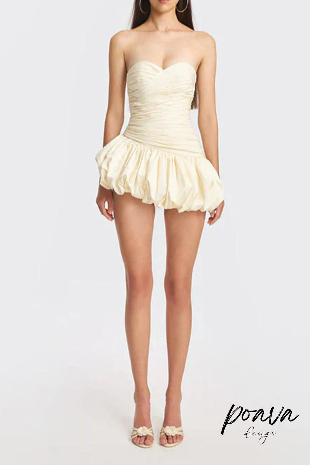 Balloon Draped Strapless Mini Dress In White Flowering Girl