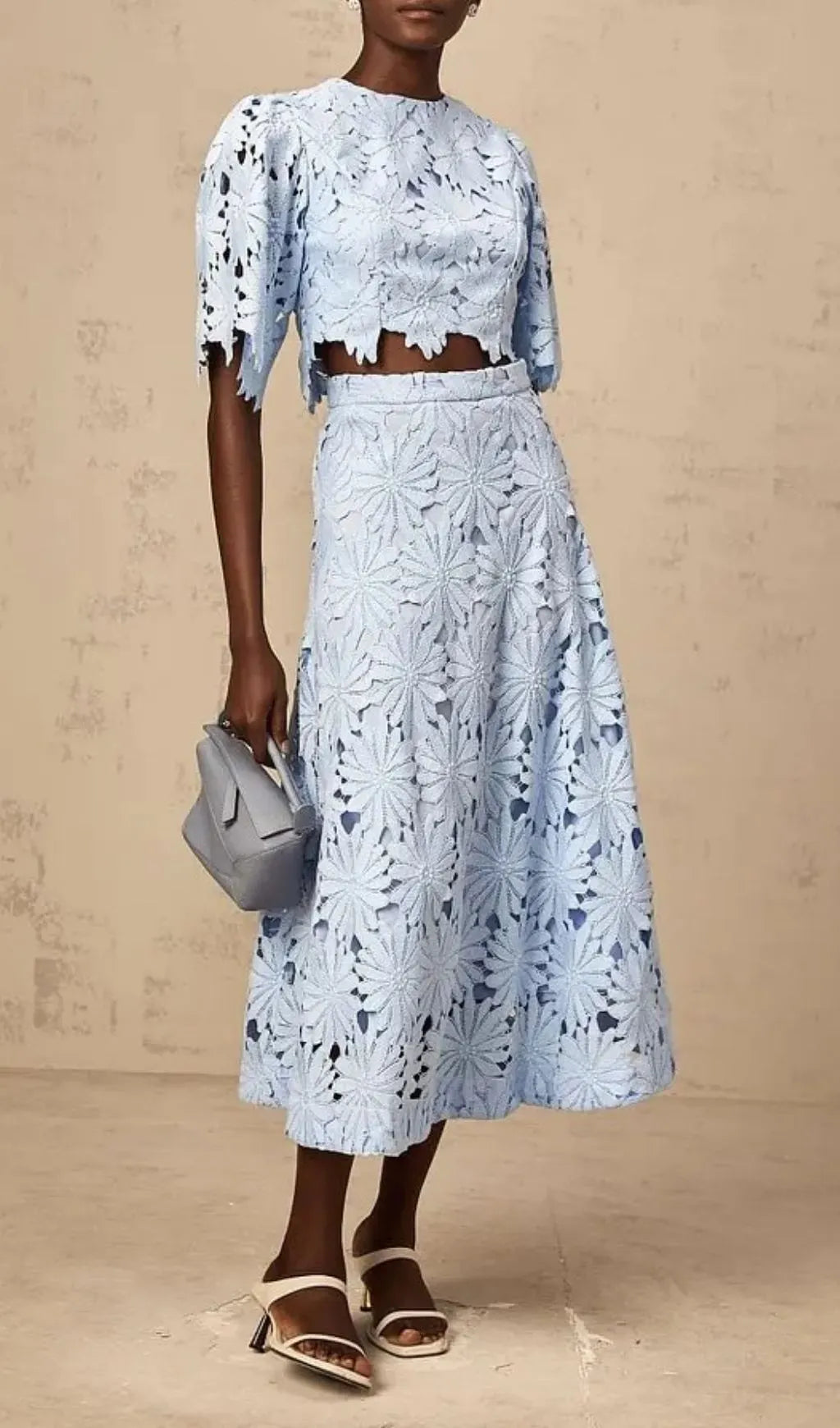 Penny Openwork Floral Lace Blouse Maxi Skirt Set - Blue Flowering Girl