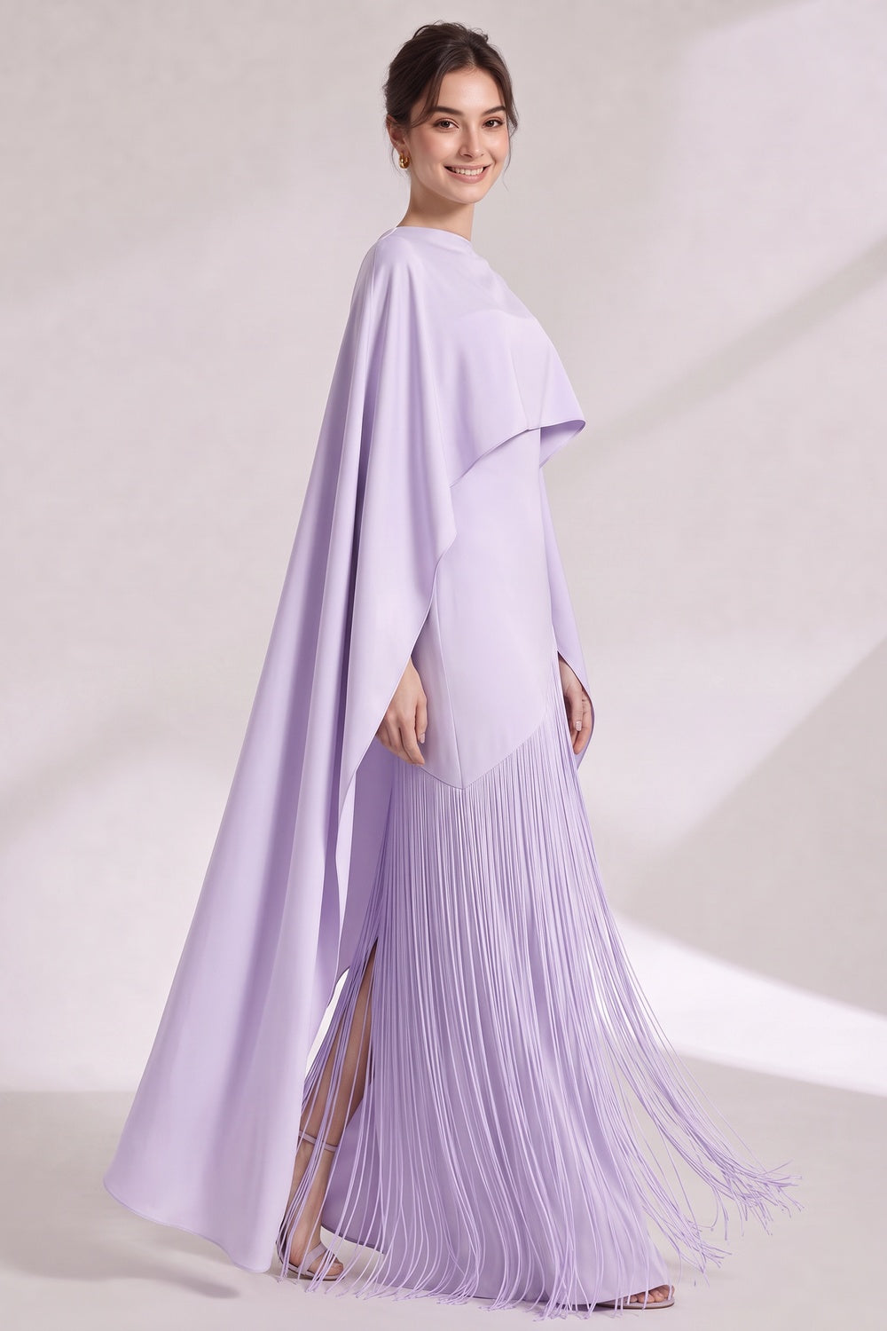 Lavender Structured Crepe Column Evening Gown with Asymmetrical Cape Overlay Flowering Girl