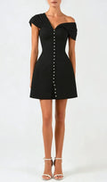 Luzasa Off Shoulder Buttoned Mini Dress - Black Flowering Girl