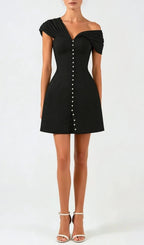 Luzasa Off Shoulder Buttoned Mini Dress - Black Flowering Girl
