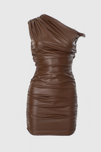 Kadwyn Ruched Asymmetric Faux Leather Mini Dress - Brown Flowering Girl