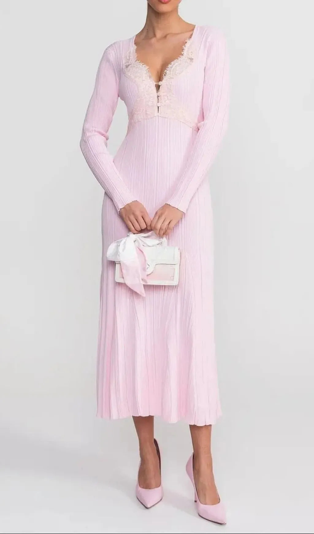 Apphia Pink Contrast Lace Knit Midi Dress Flowering Girl