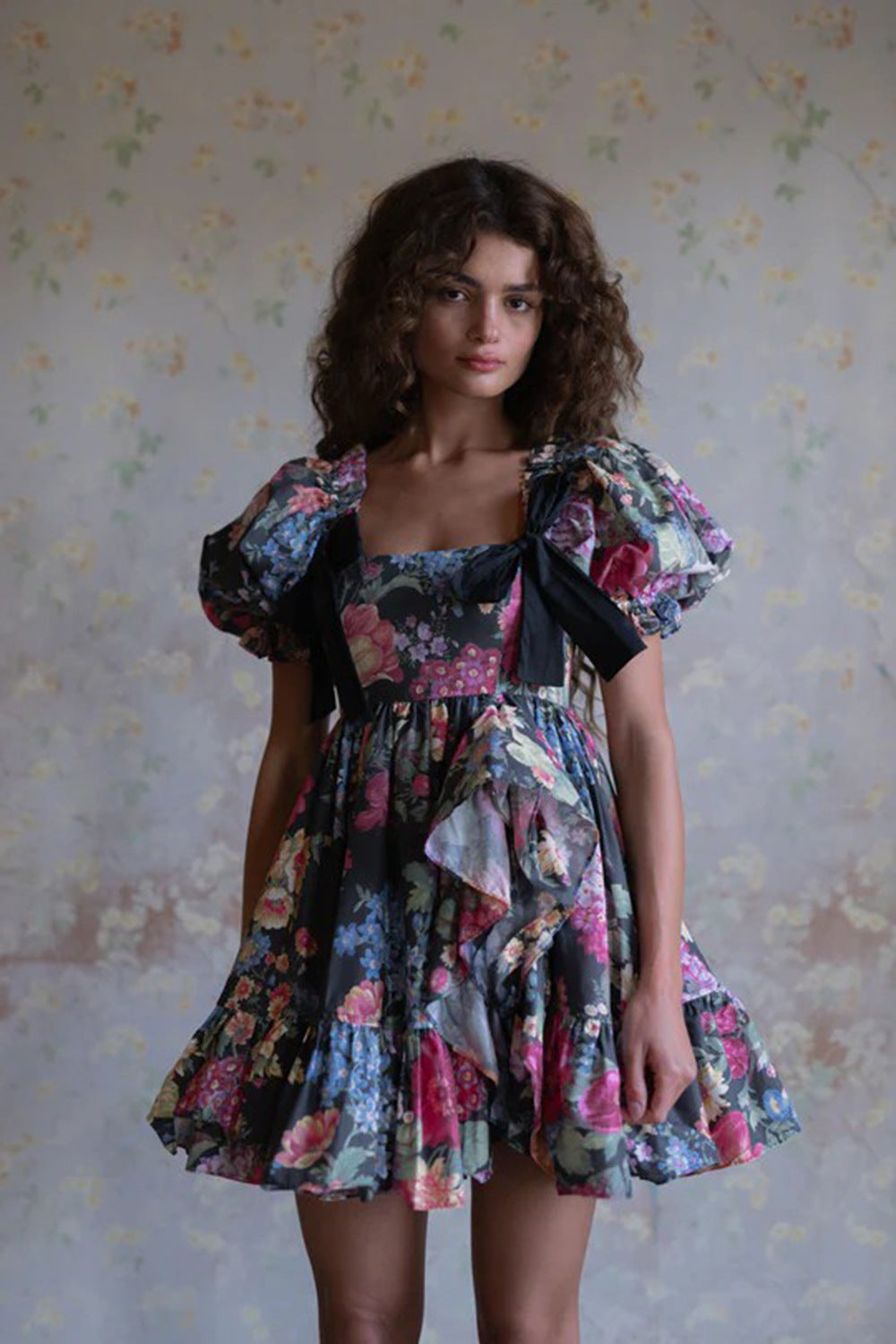 basia floral print ruffle trim hem puff mini dress Flowering Girl