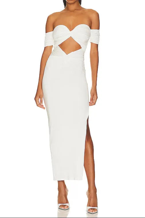 pleated off-shoulder cutout midi dress in white Flowering Girl