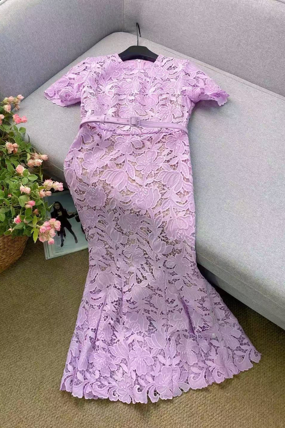 Lilac Short Sleeve Floral Lace Midi Dress Flowering Girl