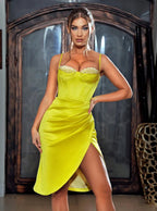 Lemon Yellow Pleated Satin Mini Dress Flowering Girl