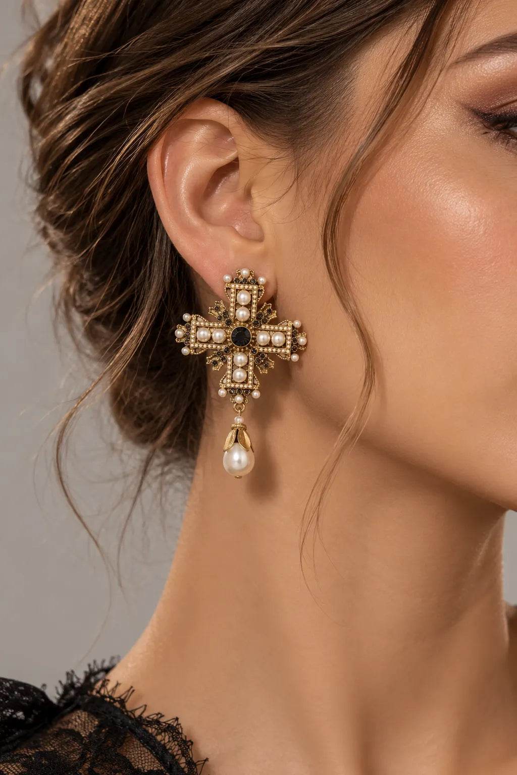 Vintage Antique Gold Rhinestone Statement Baroque Cross Pearl Drop Earrings Flowering Girl