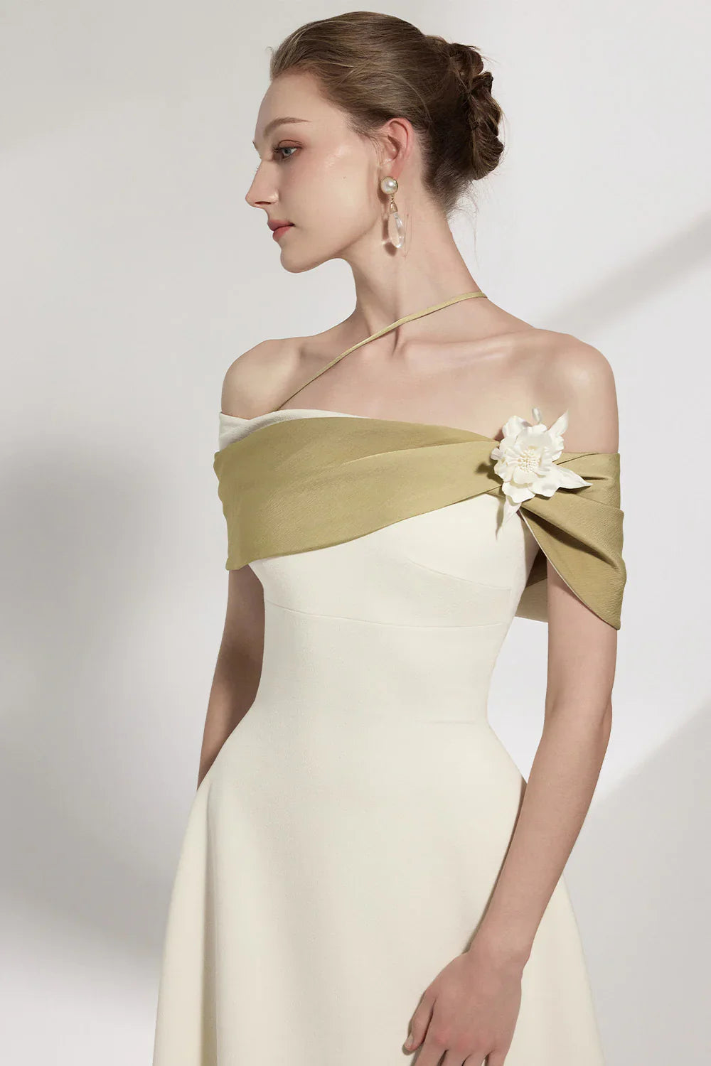 A-Line Open Shoulder Cotton Crepe Midi Dress In Beige Flowering Girl