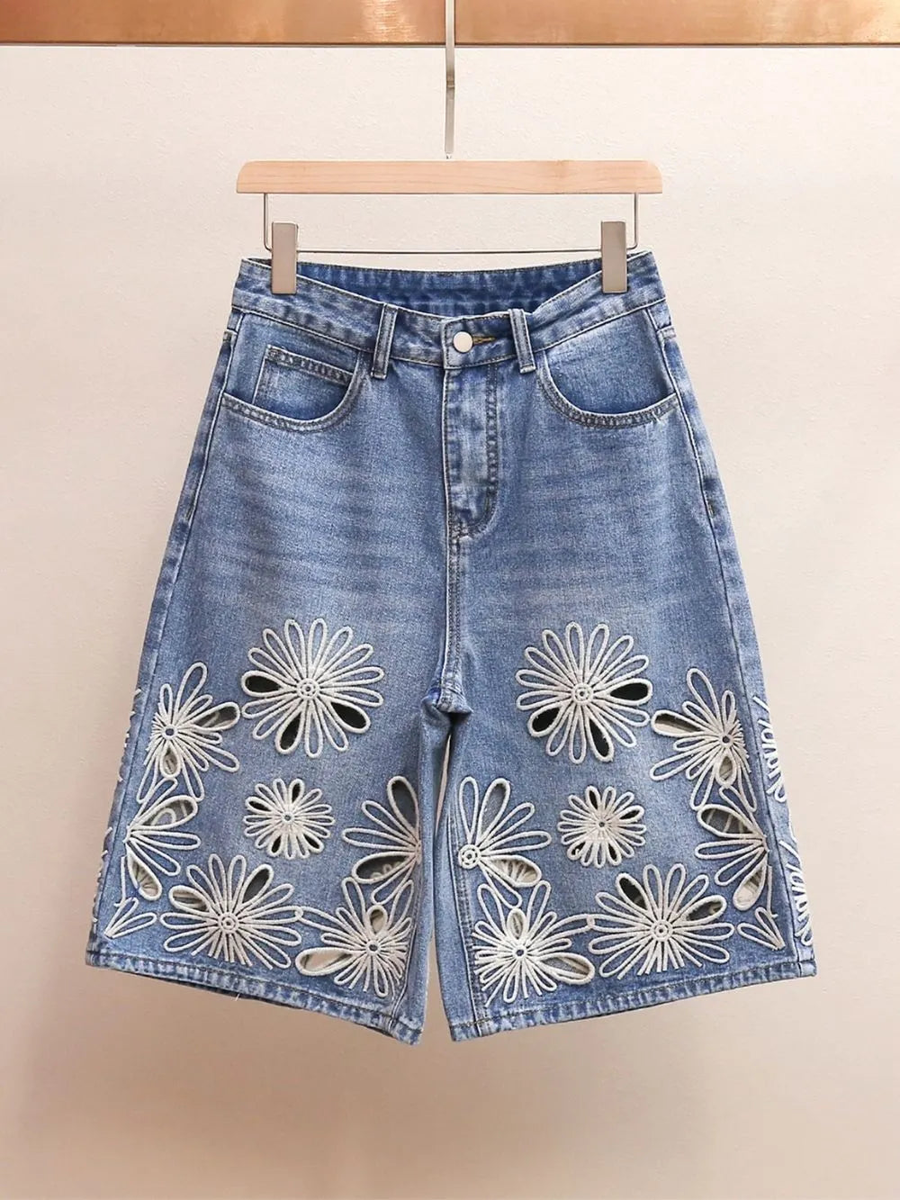 Embroidered Denim Bermuda Shorts in Blue Jean Flowering Girl