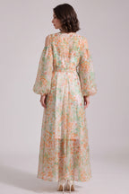 White Sheer Chiffon A-Line Flowy Maxi Dress with Cold-Shoulder Balloon Sleeves Flowering Girl