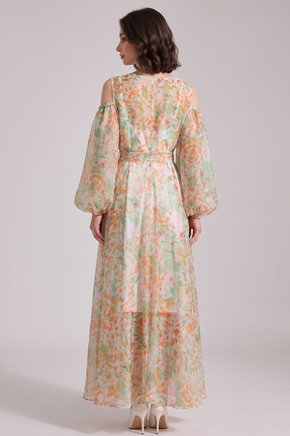 White Sheer Chiffon A-Line Flowy Maxi Dress with Cold-Shoulder Balloon Sleeves Flowering Girl