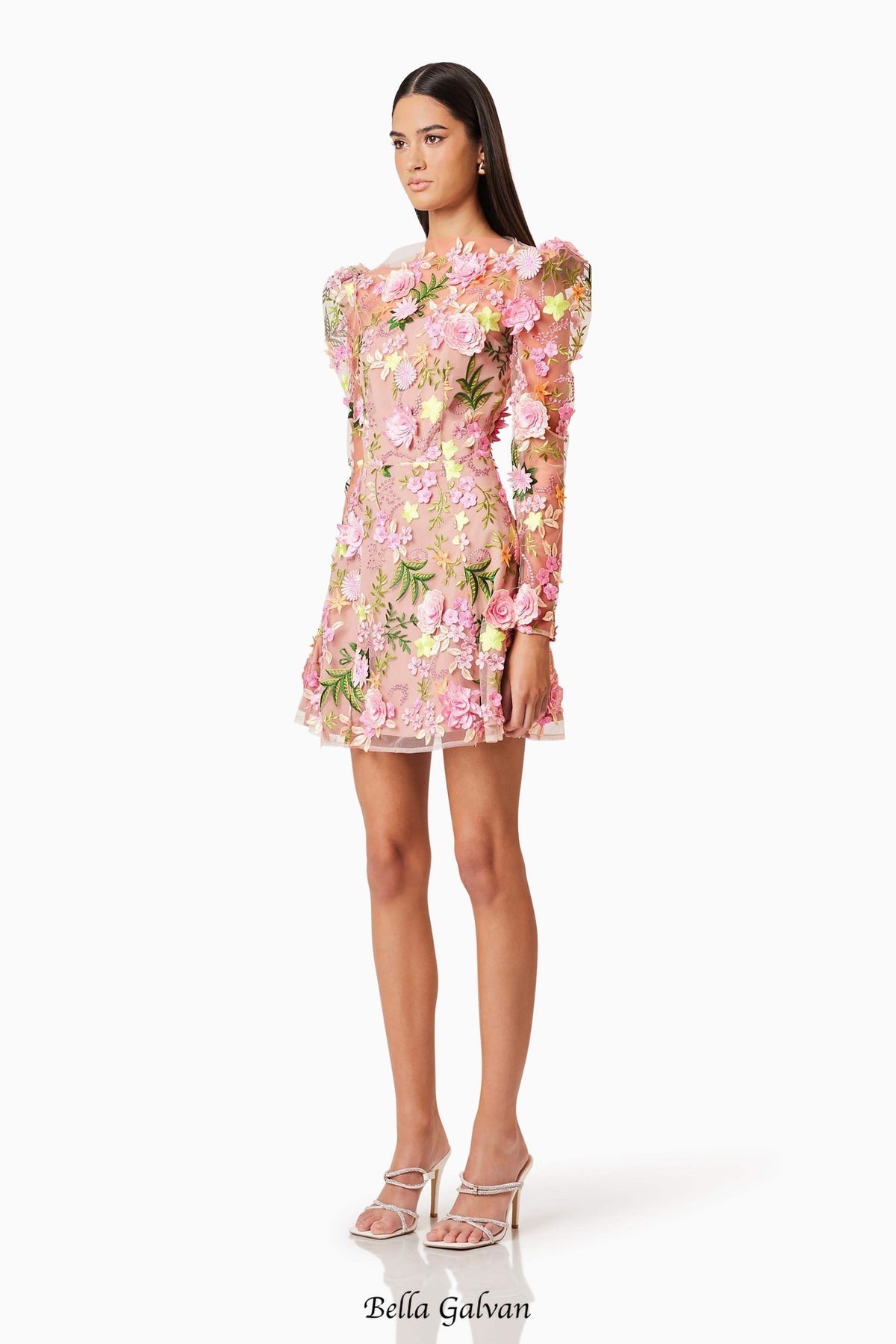 caitlin A-line Floral long sleeve Mini Dress In Pink Flowering Girl