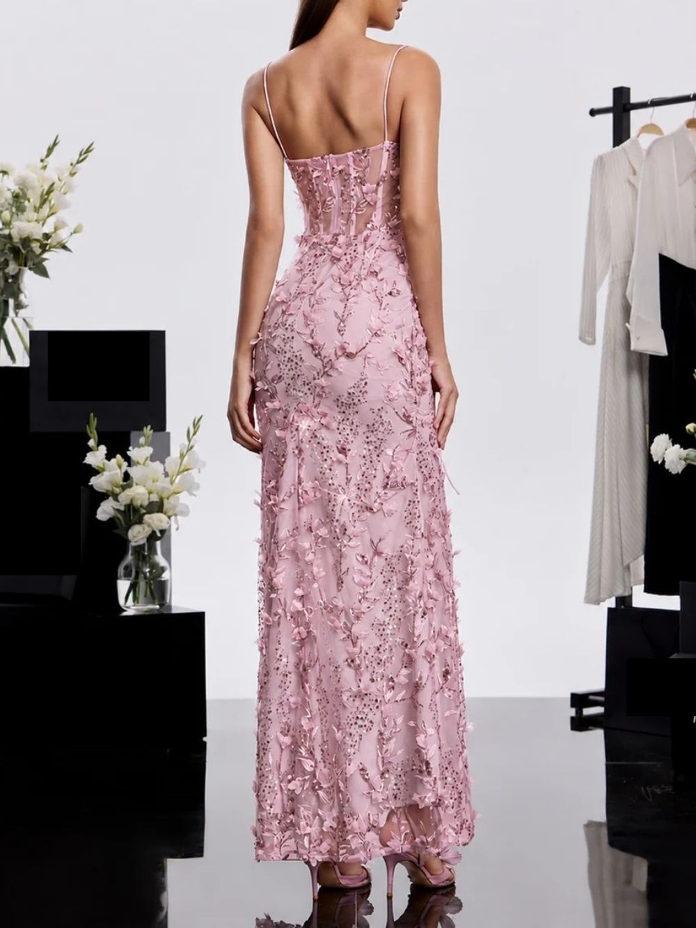 Haranu Spaghetti Corset Sequin Dress In Pink Flowering Girl
