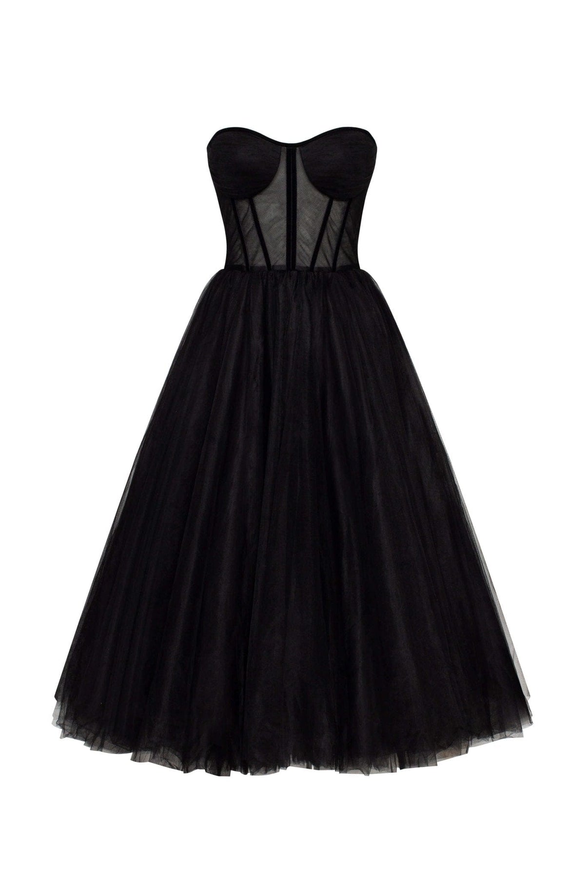 Black Strapless Puffy Midi Tulle Dress Flowering Girl
