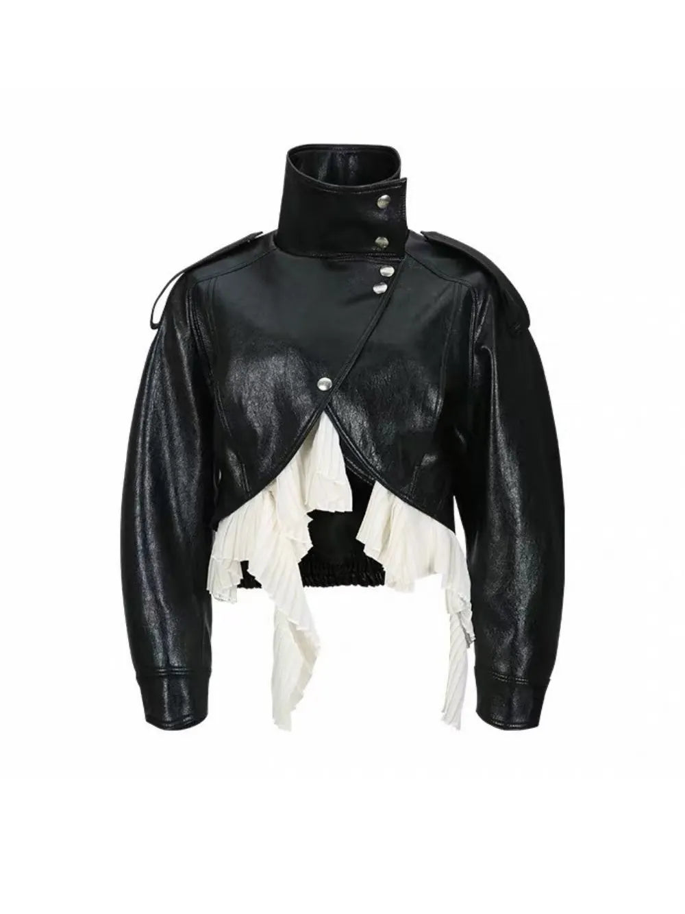 Maysa Black PU Leather Ruffle Jacket Flowering Girl