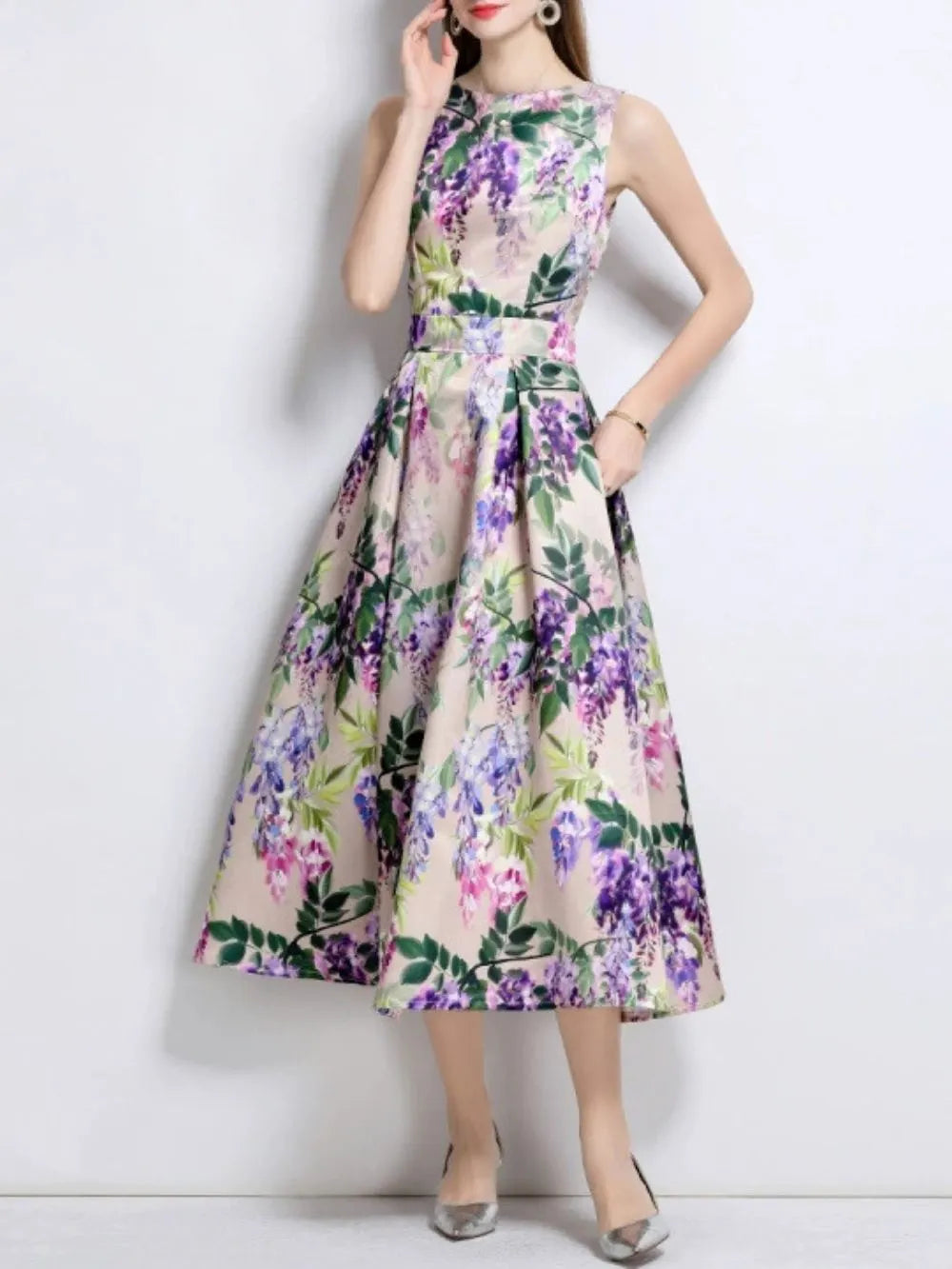 Maicy Purple Sleeveless Floral Midi Dress Flowering Girl