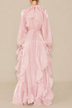 Pandora Puff Sleeve Ruffle Trim Maxi Dress In Pink Flowering Girl
