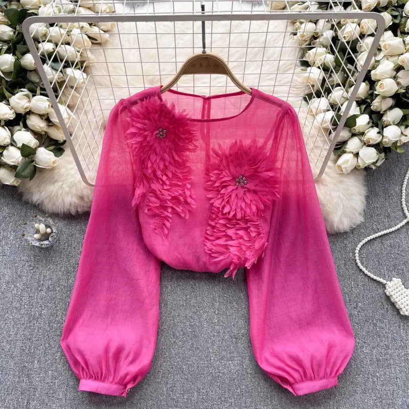 3D Floral Puff Sleeve Tulle Shirt Flowering Girl