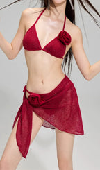 Darina Red Flower Sequin Three-Piece Swimsuit Flowering Girl