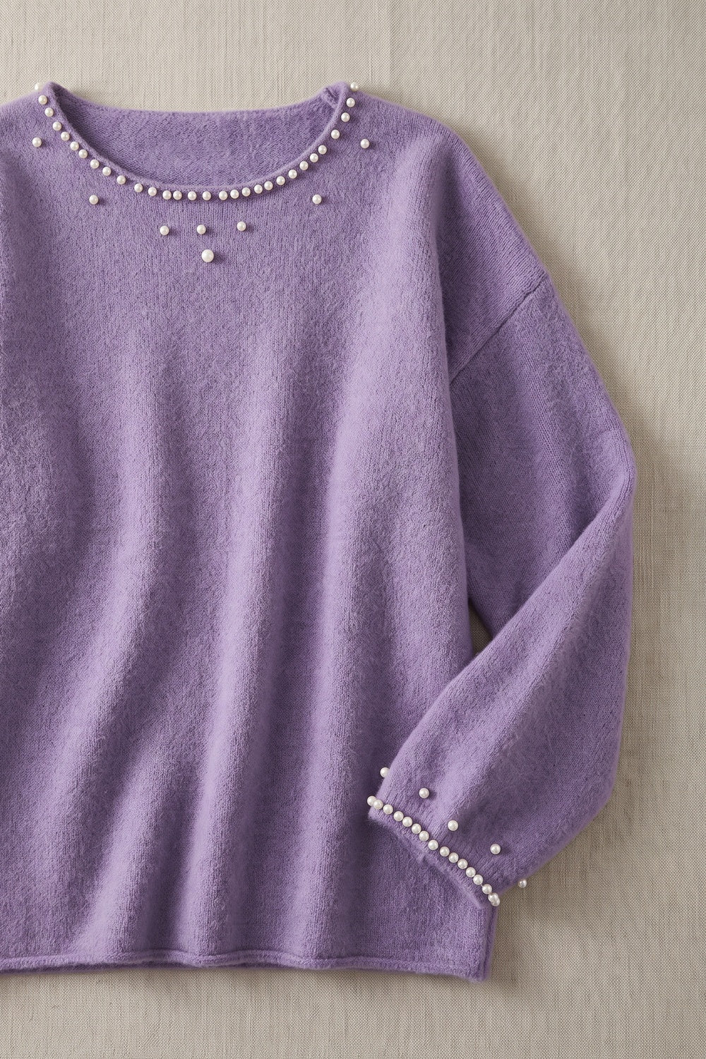 Lavender Purple Brushed Knit Pearl Embellished Sweater Flowering Girl