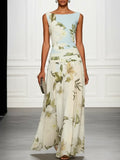 Blue And White Floral Ruffled Boat Neck Sleeveless Maxi Dress Flowering Girl