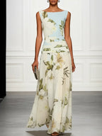 Blue And White Floral Ruffled Boat Neck Sleeveless Maxi Dress Flowering Girl