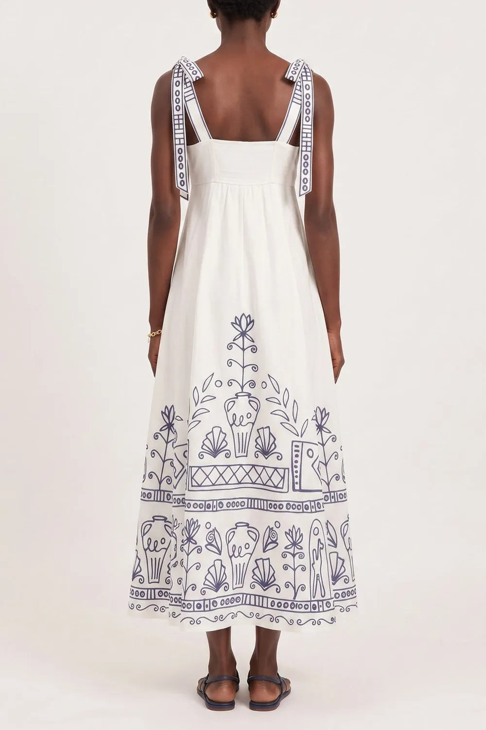 Square Neck Folk Embroidered Midi Dress Flowering Girl