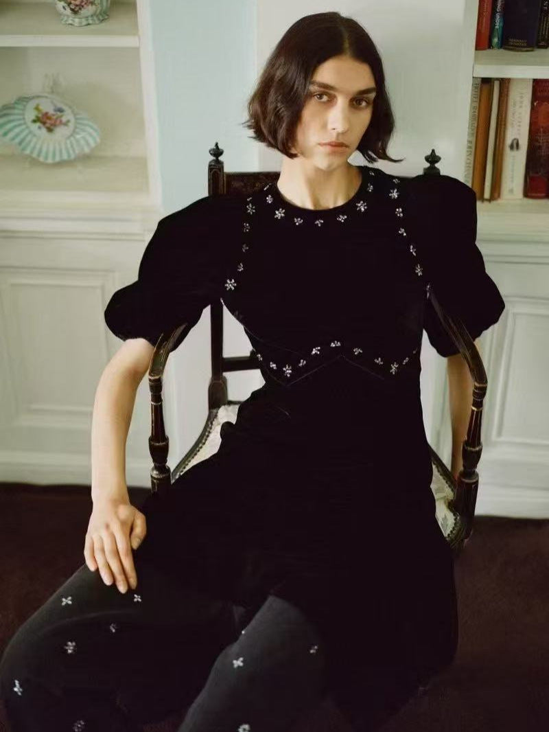 Crystal Embellished Puff Midi Dress In Black Flowering Girl